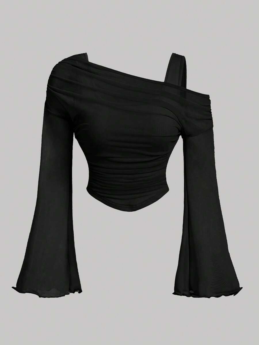 Girlism 少女黑色/露肩网眼二合一/喇叭袖长袖上衣 西部复古/优雅