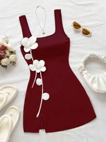 Soleia Vestido mini ajustado de mujer con cintura ceñida y estampado floral para vacaciones, sin mangas, ajuste estilizador, con abertura lateral, adecuado para fiesta, calle, vacaciones, festival de música, crucero, té de la tarde, verano