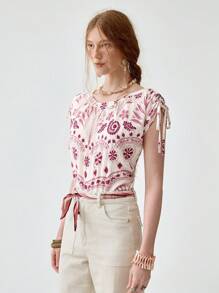 Florisole Bohemian Drawstring Tie-Dye Print Casual Shirt - Purple - View 1