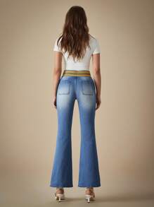 SHEIN BAE 女式休闲水洗牛仔喇叭裤，配腰带环 - 藍色 - 查看 2