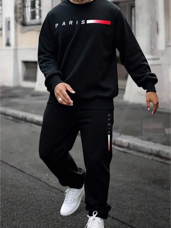 Tween Boys Black Simple Contrast Color Graphic Sweatshirt And Pants Set, Casual, School, Travel, Outdoor Sports, Soft, Comfortable And Fashionable, Suitable For Spring Summer