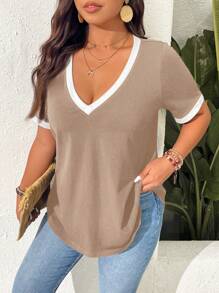 SHEIN Frenchy Plus Size Casual Colorblock Patchwork Short Sleeve T-Shirt, Summer - Khaki - View 1