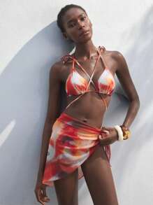 Maija Women's Orange Tie Back Abstract Print Spaghetti Strap Bikini Set - Multicolor - View 6