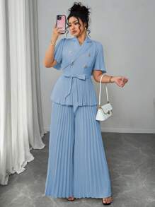 SHEIN Elenzya 大码女式优雅法式简约褶皱短袖背心和裙子两件套，夏季 - 淺藍色 - 查看 3