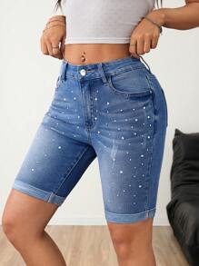 SHEIN Pantalones cortos de jean ajustados con decoración de strass, de moda para el verano - Lavado ligero - Ver 6