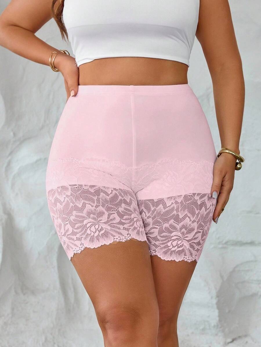 Elenzga Plus Size Women Casual Simple Vacation Leggings, Knitted Lace Insert, Short Skinny Pants, Comfortable Soft Breathable Fabric - Pink - View 1