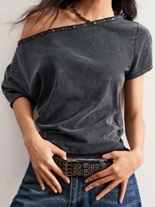 Bohemela Casual Solid Color Knit Asymmetrical Neck Loose T-Shirt For Women