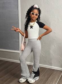 Tween Girls Star Print Knitted Flared Pants, Casual And Versatile For Daily Wear - Grey - View 5