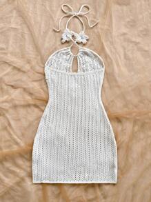 Soleia Vestido de punto ajustado con decoración floral, escote halter y recorte calado, adecuado para vacaciones, citas, té de la tarde, vacaciones, festivales de música, playa, atuendo de verano, estilo bohemio, ganchillo, lino - Blanco - Ver 2