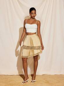 Harviee Satin Lace Hankie Styler Luxury Modern Flair Mini Skirt Sexy Women Summer Holiday - Apricot - View 4