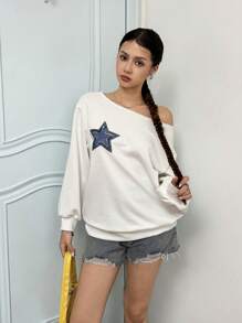 SHEIN 少女休闲舒适不对称领星形印花长袖卫衣 - 白色 - 查看 4
