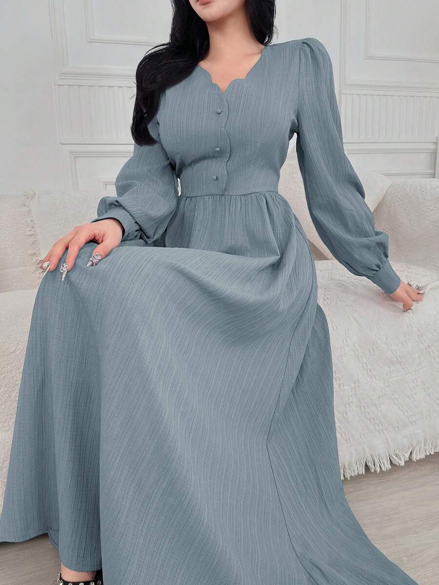 Feyla 女士纯色拱形V领单排扣泡泡袖优雅连衣裙 - 藍色 - 查看 1