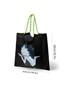 Rick and Morty X SHEIN 1pc Cute Cartoon Character Patterned Drawstring Tote Bag Made Of Polyester Material, Large Capacity, Suitable For Commuting, Shopping, And Traveling, Suitable For Both Ladies And Gentlemen, The Bag Can Be Folded For Easy Storage And Convenient Carrying For Beach - Black - View 7