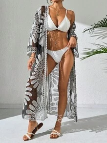 Swim Vcay Women's Floral Print Sheer Kimono Cover Up, Loose Fit, Vacation Style For Summer - Black and White - View 7