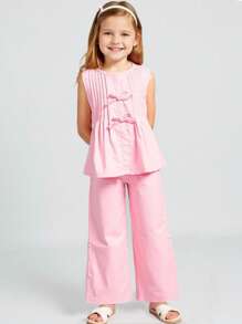 SHEIN Playful Pals Conjunto de 2 piezas de top sin mangas con pliegues y detalle de lazo, y pantalones de pierna ancha, en color liso, de estilo casual y moderno, adecuado para salidas de primavera/verano, vacaciones y uso diario.