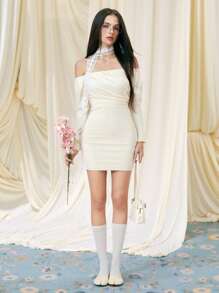 SHEIN MOD Vestido ceñido con hombros descubiertos, mangas abullonadas y fruncido en color albaricoque para mujer - Albaricoque - Ver 6