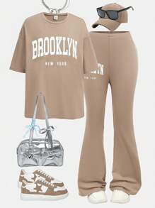 SHEIN Girlism Bộ 2 chiếc áo thun thể thao cổ tròn tay ngắn và quần ống loe cho bé gái tuổi teen - Màu Khaki - Xem 14