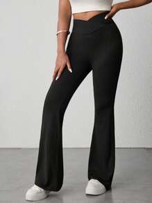 SHEIN Teen Girls' Simple Solid Black High-Waisted Flared Pants For Home, Casual, Outdoor Sports Fall Winter