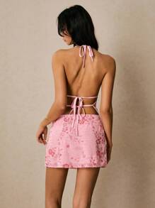 Poéselle Women's Sexy Sequin Backless Halter Neck Top And Mini Skirt 2 Pieces Set, Summer - Pink - View 3