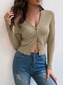 EMERY ROSE 女式长袖单排扣休闲纯色开衫 - 摩卡棕 - 查看 5