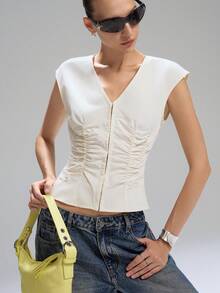 LYSMO 2026 New Arrive Minimalism Spring/Summer  Sleeveless Gathered Poplin Shirt, Everyday Simple Commuting Cream Tops For Women Ruched Top - Apricot - View 1