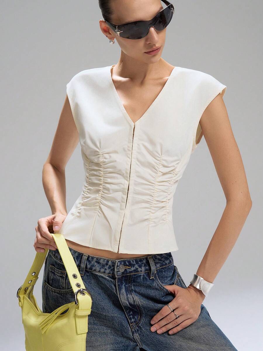 LYSMO 2026 New Arrive Minimalism Spring/Summer  Sleeveless Gathered Poplin Shirt, Everyday Simple Commuting Cream Tops For Women Ruched Top - Apricot - View 1