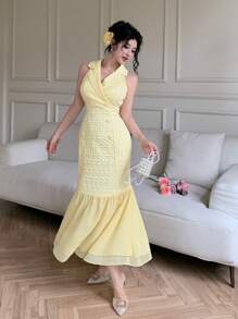 Modelyn Elegant Blazer Collar Double-Breasted Chiffon Patchwork Jacquard Yellow Dress - Yellow - View 3