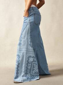 Bohemela 大码女式花卉印花口袋阔腿宽松休闲牛仔裤