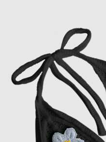 ROMWE Cute Crochet Flower Halter Neck Vacation Top - Black - View 3