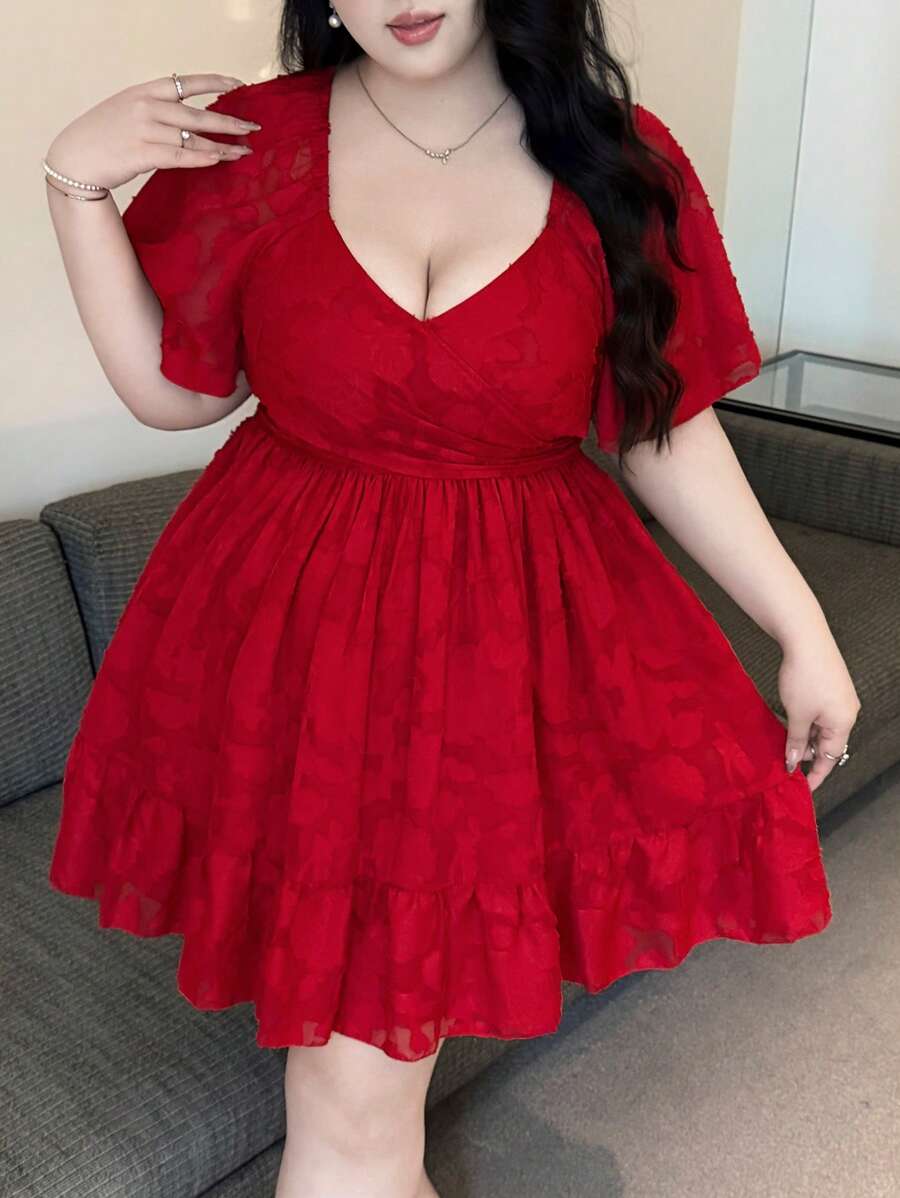 Vibekara Vestido elegante de mujer talla grande con cuello en V y bajo de hoja de loto en jacquard, atuendo para Año Nuevo, vacaciones y playa