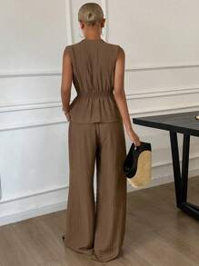 Livesso 女式 V 领交叉细肩带无袖背心和宽松阔腿裤两件套，夏季休闲装，返校服 - 咖啡棕 - 查看 6