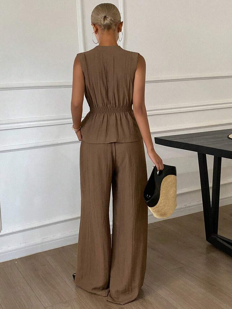 Women's Simple Solid Color Tie-Up Pleated Top And Casual Loose Pants 2-Piece Set Lounge Sets For Women