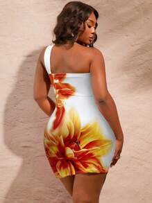 SHEIN SXY Vestido corto con un hombro, ajustado, con estampado floral, para mujer de talla grande, apto para uso diario, festivales de música, conciertos