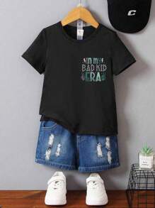 SHEIN Playful Pals 男婴休闲可爱趣味调皮“我的坏孩子时代”骷髅印花短袖圆领T恤，夏季 - 黑色 - 查看 3