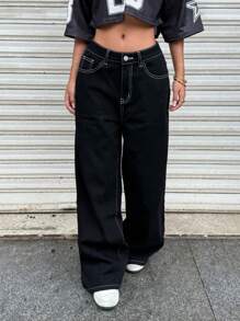 SHEIN Jeans neri con vita ampia in stile Y2K per teenager ragazze, casual per primavera ed estate, adatti per vacanze e stile boho country