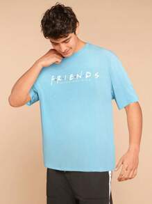Mystic heart FRIENDS X SHEIN Men's Summer Casual Letter Printed Short Sleeve T-Shirt - Blue - View 6