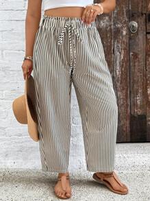 SHEIN VCAY Plus Size Women Loose Casual Striped Pants With Tie Waist And Ruffle Hem - Black and White - View 5