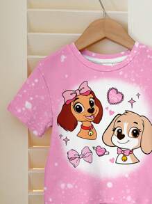 SHEIN 可爱小狗粉色彩虹蝴蝶结花卉印花女婴休闲宽松圆领短袖T恤和紧身裤两件套骑行短裤套装，适合春夏季 - 彩色 - 查看 4