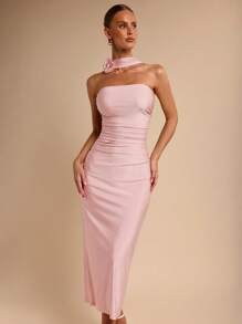 COSMINA Elegant Women 3D Floral Ruched Mid-Length Dress Bandage Dress, Vacation Style, Spring/Summer - Pink - View 3