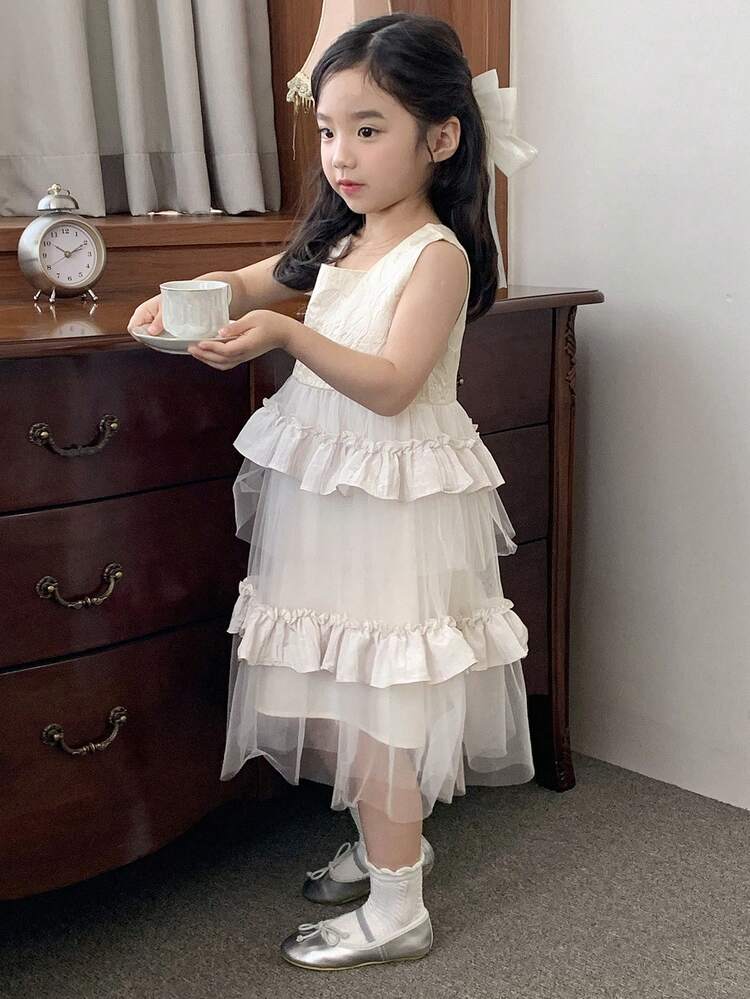 Girls' Princess Sleeveless Floral Lace & Mesh Stitching Mid-Length Dress, Summer