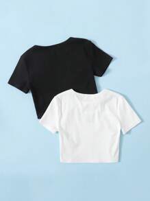 SHEIN 2pcs Tween Girls' Essential Versatile Butterfly Embroidery T-Shirt - Black and White - View 2