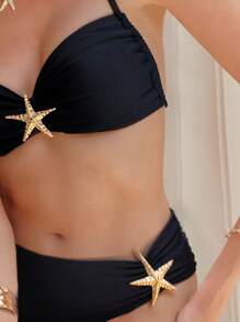 Swim Chiccia Bộ bikini 2 mảnh màu trơn dây mảnh trang trí kim loại thanh lịch cho nữ, trang phục đi biển mùa hè - màu đen - Xem 6