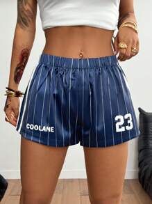 Coolane Women's Summer Festival Streetwear Athleisure Y2K Game Day Striped Satin Fabric Baggy Elastic Waistband Sweater Shorts - Navy Blue - View 6