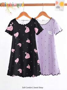 Set de 2 piezas de pijamas con Camisón largo de manga corta y cuello redondo, con diseño cómodo de lunares y corazones, para niñas jóvenes