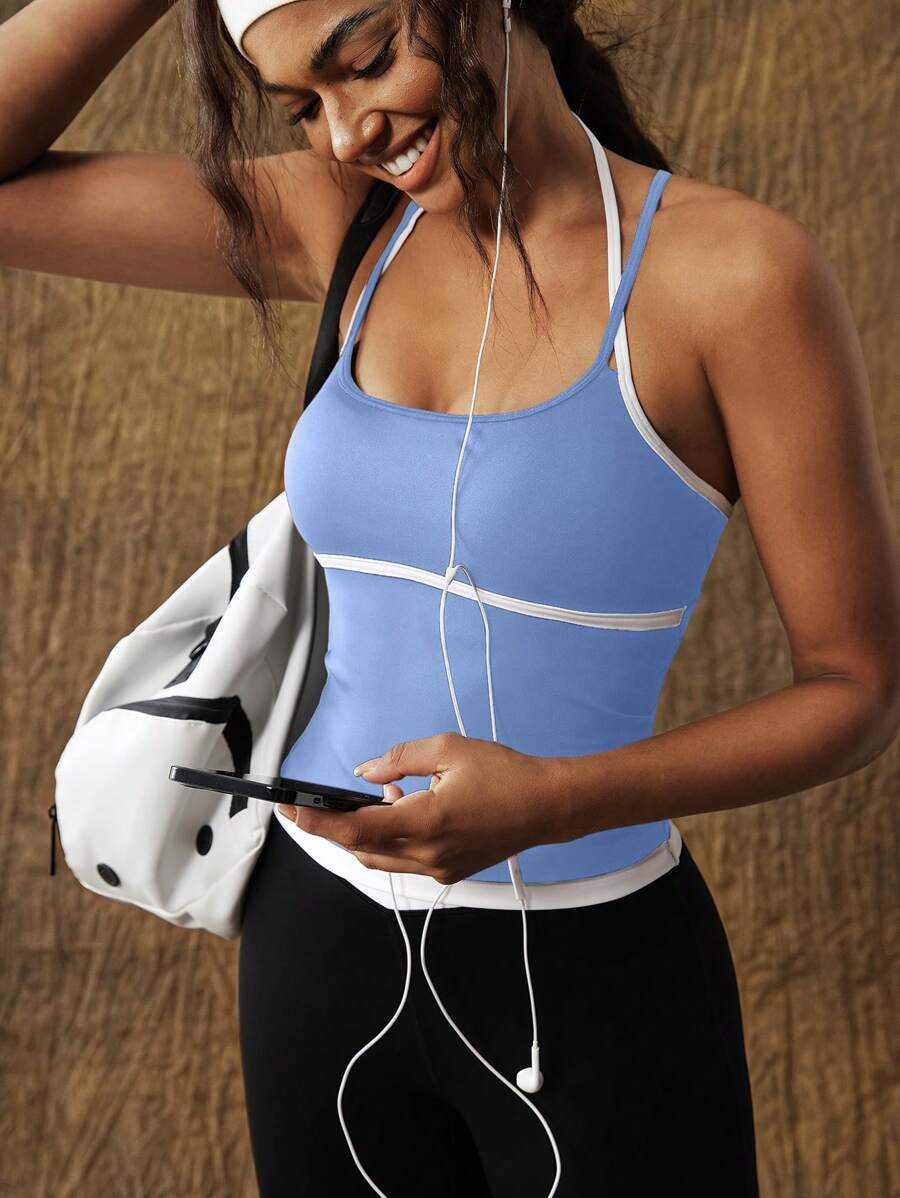 VARSIVA 时尚简约黑白撞色方领吊带女士运动T恤 - 藍白色 - 查看 1