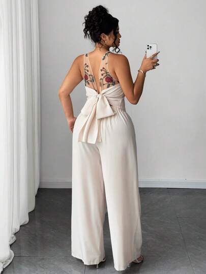 Elenzga Conjunto de 2 piezas de camisola con cuello en V y moño, y pantalón de pierna ancha talla grande para mujer, set de color albaricoque con parches de malla bordada