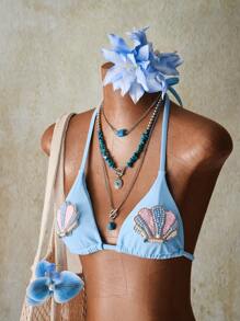 SHEIN ICON Ensemble de maillot de bain bikini deux pièces sexy avec décoration de coquillage et lien licou pour femmes, tenue pour le 4 juillet - Bleu azur - Voir 6