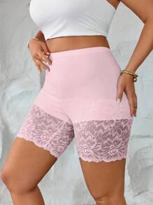 Elenzga Plus Size Women Casual Simple Vacation Leggings, Knitted Lace Insert, Short Skinny Pants, Comfortable Soft Breathable Fabric - Pink - View 5