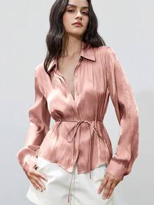 Aveloria Modichic 新款时尚优雅简约女式衬衫，采用闪亮缎带腰带设计，翻领，长袖，美观 - 粉色 - 查看 4