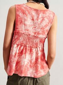 Bohemela Women's Boho Tie-Dye V Neck Sleeveless Knit Top With Shirred Detail And Flared Hem - Red - View 6